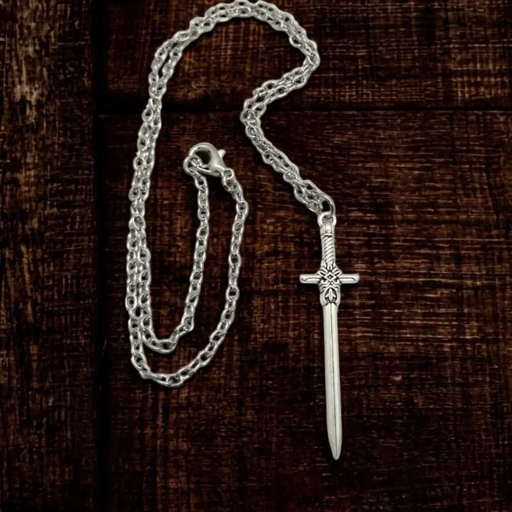 Gothic Sword Cross Pendant Necklace Medieval Dagger Silver Chain 18